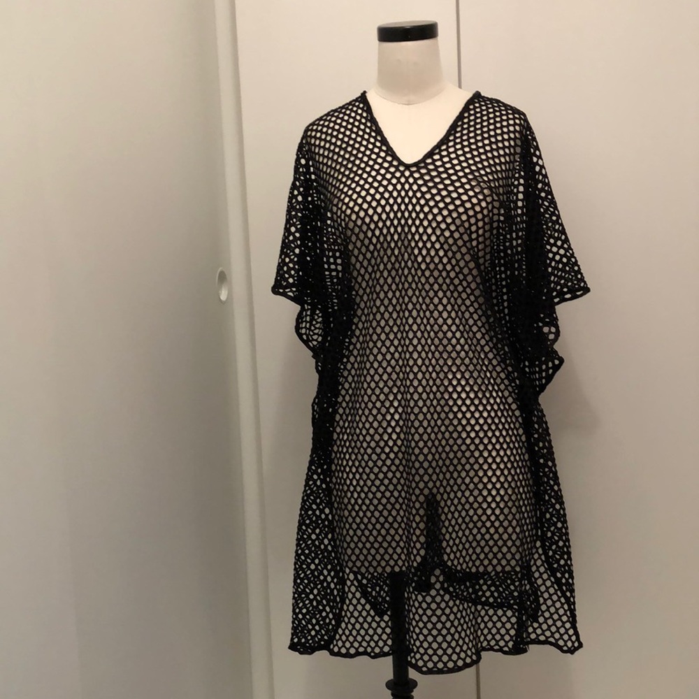 NEW WITH  TAGS Long Black Fishnet Kimono with Black Trim Detail